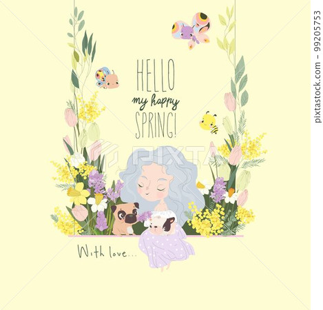 Cute Girl sitting in Flowers with Cute Puppies Cute Girl sitting in Flowers with Cute Puppies 99205753