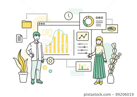 Illustration of men and women discussing digital technology 99206019