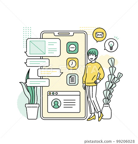 Illustration of a woman standing next to a smartphone 99206028