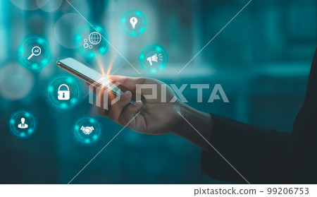 Technology and business. Businessman using smartphone to connecting digital data on blurred building background.. 99206753