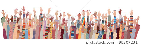 Isolated many raised group hands and arms of multicultural and international women. Women s day. Businesswomen. Equality Allyship. Female social community of diverse culture. Empowerment 99207231