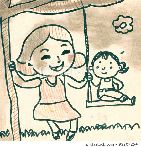 A child is on a swing in a children's park on a sunny day. My mother looks happy when she sees it. 99207254