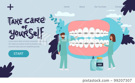 Orthodontist installs dental braces for straightening. Tiny Dentist doctor research X-ray picture of tooth. Dentistry, braces installation, teeth alignment. Prosthetics, Orthodontic treatment 99207307