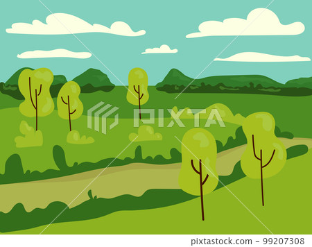 Beautiful scene of nature with sun rising over mountrain in the morning, lanscape vector illustration. 99207308