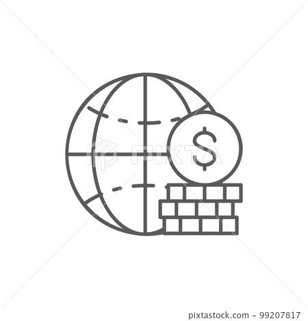 Globe earth with pile of coins lineal icon. Global technology, internet, social network symbol design. 99207817