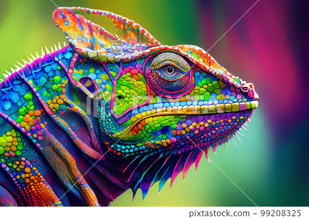 Chameleon's head and neck, the intricate patterns and textures of its skin captured in perfect detail, generative ai 99208325