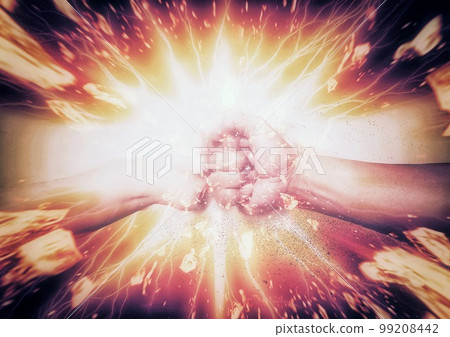 3d illustration compositing fist clashing with angry emotion concept and flame explosion effect on fist 99208442