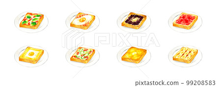 A set illustration of toast on a plate A collection of hand-drawn watercolor illustrations for cooking and cafe menus A set illustration of toast on a plate A collection of hand-drawn watercolor illustrations for cooking and cafe menus 99208583