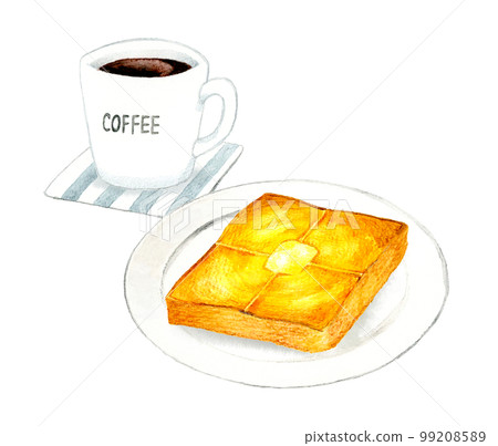 白盤上的黃油吐司和咖啡 手繪水彩插圖材料，用於烹飪和咖啡館菜單 99208589