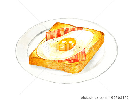 Fried egg toast on a plate Hand-drawn watercolor illustration material for cooking and cafe menus Fried egg toast on a plate Hand-drawn watercolor illustration material for cooking and cafe menus 99208592