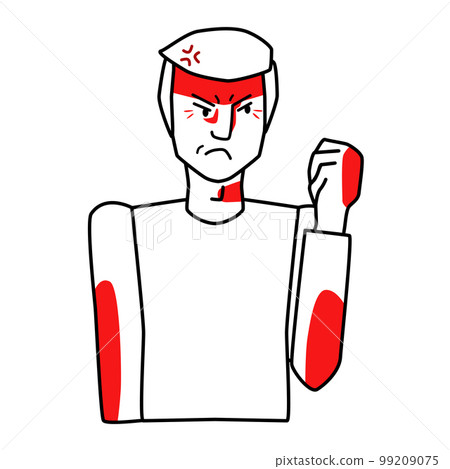 Angry white man with blond hair threatens with a fist. Line art hand drawn sketch style, half body vector illustration. 99209075