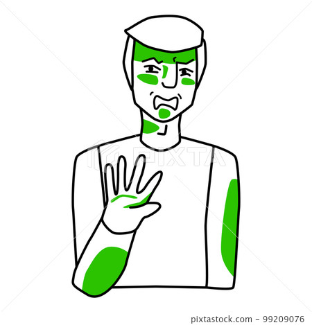 Adult male with emotion of disgust. White man with blond hair protects himself with his hand. Line art hand drawn sketch style design. 99209076