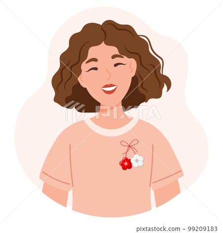 Portrait of a beautiful girl with a martisor, a symbol of spring. Traditional spring holiday in Romania and Moldova. Postcard, banner, vector 99209183