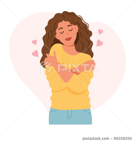 Love yourself. Nice woman hugging herself. Love your body concept. Find time for yourself. Vector illustration. 99209200