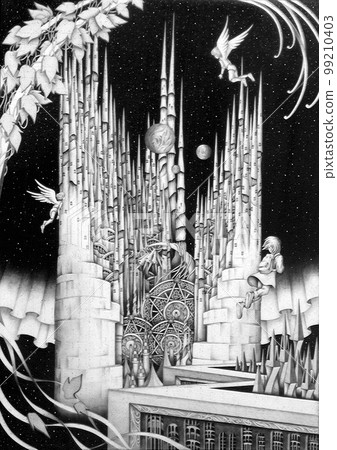 Angels gathering in an old castle in heaven, cracking processing, pencil drawing Angels gathering in an old castle in heaven, cracking processing, pencil drawing 99210403