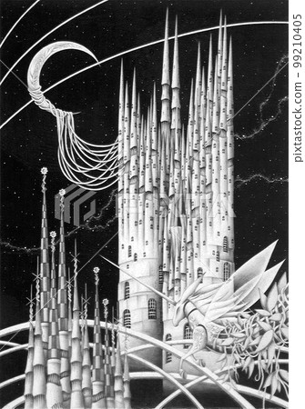 Crescent moon and huge spire, cracking process, pencil drawing 99210405