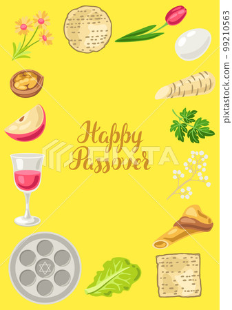 Happy Pesach Jewish Passover plate decorative frame. Holiday background with traditional symbols. 99210563