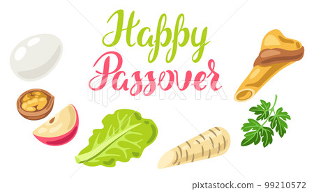 Happy Pesach Jewish Passover plate greeting card. Holiday background with traditional symbols. 99210572