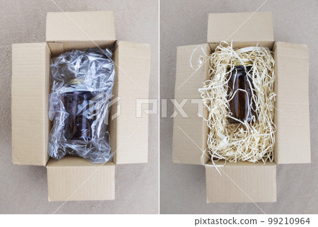 Before and after. Biodegradable filler in parcel packaging vs plastic filler. Box with a filler that does not harm the environment, and next to it is a box with harmful non-decomposing plastic. 99210964