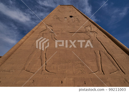 Edfu Temple, Edfu, Egypt  first pylon at the main entrance close up image in daylight 99211003