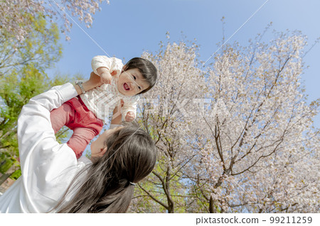 A mother holding her daughter in a cherry blossom park A mother holding her daughter in a cherry blossom park 99211259