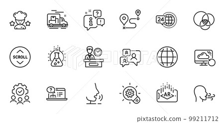 Outline set of Breathing exercise, Recovery cloud and Online help line icons for web application. Talk, information, delivery truck outline icon. Vector Outline set of Breathing exercise, Recovery cloud and Online help line icons for web application. Talk, information, delivery truck outline icon. Vector 99211712