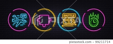 Puzzle, Shuttle bus and Vip flight minimal line icons. Neon laser 3d lights. Fast delivery icons. For web, application, printing. Puzzle piece, Terminal transfer, Charter airplane. Stopwatch. Vector 99211714