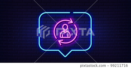 Neon light speech bubble. Human Resources line icon. User Profile sign. Person silhouette symbol. Refresh or Update sign. Neon light background. Person info glow line. Brick wall banner. Vector Neon light speech bubble. Human Resources line icon. User Profile sign. Person silhouette symbol. Refresh or Update sign. Neon light background. Person info glow line. Brick wall banner. Vector 99211716
