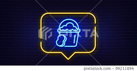 Neon light speech bubble. Cleaning bucket with sponge line icon. Washing Housekeeping equipment sign. Neon light background. Sponge glow line. Brick wall banner. Vector 99211894