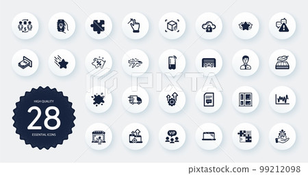 Set of Business icons, such as Puzzle, Touchscreen gesture and Vip clients flat icons. Inclusion, Parking garage, Buying process web elements. Cloud protection, Falling star. Circle buttons. Vector 99212098