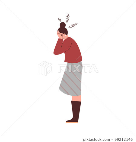 Stressed woman holding her head, flat vector illustration isolated on white background. 99212146