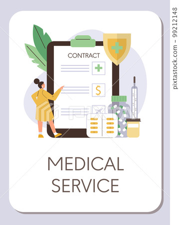 Medical service contract for company employees, poster template, flat vector illustration. 99212148