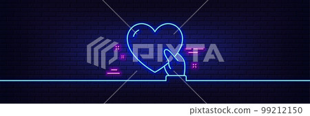 Neon light glow effect. Volunteer care line icon. Helping hand sign. Donation symbol. 3d line neon glow icon. Brick wall banner. Volunteer outline. Vector 99212150