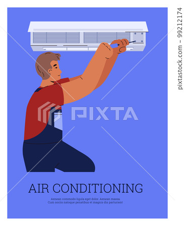 Air conditioning units installation and repair banner, flat vector illustration. 99212174