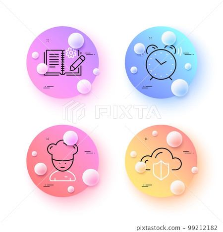 Cooking chef, Engineering documentation and Alarm clock minimal line icons. 3d spheres or balls buttons. Cloud protection icons. For web, application, printing. Sous-chef, Manual, Time. Vector Cooking chef, Engineering documentation and Alarm clock minimal line icons. 3d spheres or balls buttons. Cloud protection icons. For web, application, printing. Sous-chef, Manual, Time. Vector 99212182