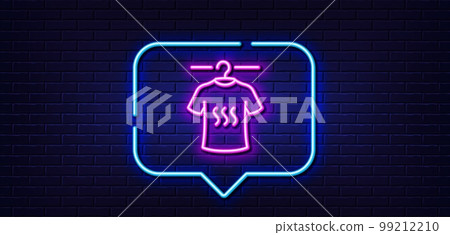 Neon light speech bubble. Dry t-shirt line icon. Laundry shirt sign. Clothing cleaner symbol. Neon light background. Dry t-shirt glow line. Brick wall banner. Vector 99212210