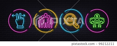 Group, Data analysis and Touchscreen gesture minimal line icons. Neon laser 3d lights. Sharing economy icons. For web, application, printing. Managers, Magnifying glass, Swipe. Share. Vector Group, Data analysis and Touchscreen gesture minimal line icons. Neon laser 3d lights. Sharing economy icons. For web, application, printing. Managers, Magnifying glass, Swipe. Share. Vector 99212211