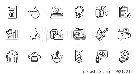 Outline set of Chemistry experiment, Success and Technical info line icons for web application. Talk, information, delivery truck outline icon. Vector 99212215
