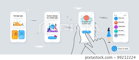 Engineering team, Blocked card and Wholesale inventory line icons for website, printing. Phone ui interface. Collection of Paper plane, Currency exchange, Mattress icons. Vector 99212224