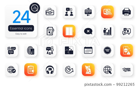 Set of Technology flat icons. Share idea, Reject and Headphones elements for web application. Internet, Calendar, People chatting icons. Card, Tips, Reject checklist elements. Lift. Vector Set of Technology flat icons. Share idea, Reject and Headphones elements for web application. Internet, Calendar, People chatting icons. Card, Tips, Reject checklist elements. Lift. Vector 99212265