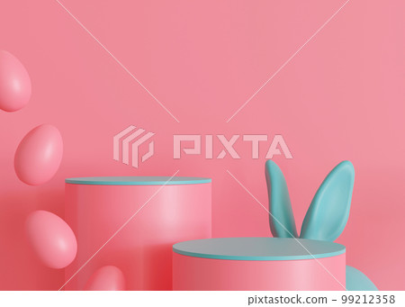 Two pink and blue podiums with Easter eggs, rabbit ears and copy space. Stage for product, cosmetic presentation. Vivid Easter mock up. Pedestal, platform. Empty scene. Display, showcase. 3D render. 99212358