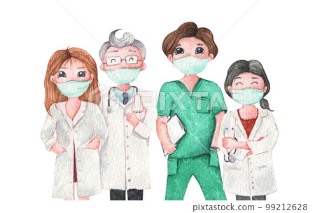 Doctor wearing medical mask. Watercolor illustration cartoon character. Doctor wearing medical mask. Watercolor illustration cartoon character. 99212628