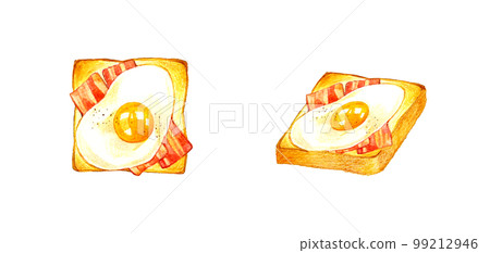 Fried egg and bacon toast, hand-painted watercolor illustration material for food and cafe menu Fried egg and bacon toast, hand-painted watercolor illustration material for food and cafe menu 99212946