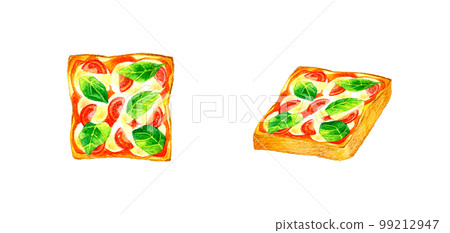 瑪格麗特風格的比薩吐司配小番茄和羅勒 手繪水彩插圖材料，用於食品和咖啡廳菜單 99212947