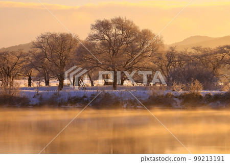 岩手縣北上市日出時的冬景 99213191