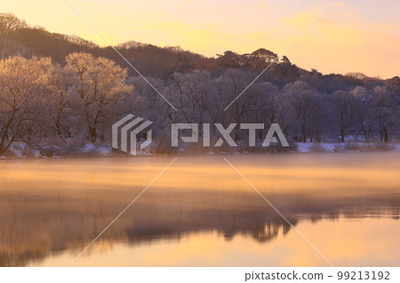 岩手縣北上市日出時的冬景 99213192