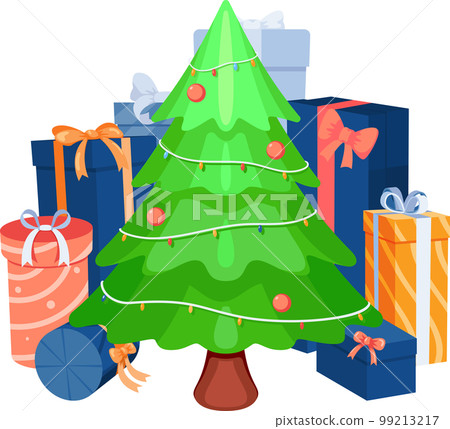 Christmas Tree with Colorful Gift Boxes and... - Stock Illustration ...