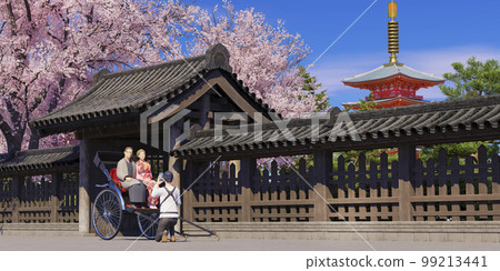乘坐人力車拍攝紀念照片的外國遊客/日本春季入境旅行的形象 99213441