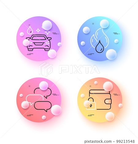 Talk bubble, Lock and Flammable fuel minimal line icons. 3d spheres or balls buttons. Car wash icons. For web, application, printing. Chat message, Blocked wallet, Fire oil. Cleaning service. Vector Talk bubble, Lock and Flammable fuel minimal line icons. 3d spheres or balls buttons. Car wash icons. For web, application, printing. Chat message, Blocked wallet, Fire oil. Cleaning service. Vector 99213548