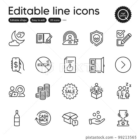 Set of Business outline icons. Contains icons as Lgbt, Checkbox and Winner cup elements. Wine bottle, Augmented reality, Money app web signs. Coins, Sleep, Love night elements. Open door. Vector Set of Business outline icons. Contains icons as Lgbt, Checkbox and Winner cup elements. Wine bottle, Augmented reality, Money app web signs. Coins, Sleep, Love night elements. Open door. Vector 99213565